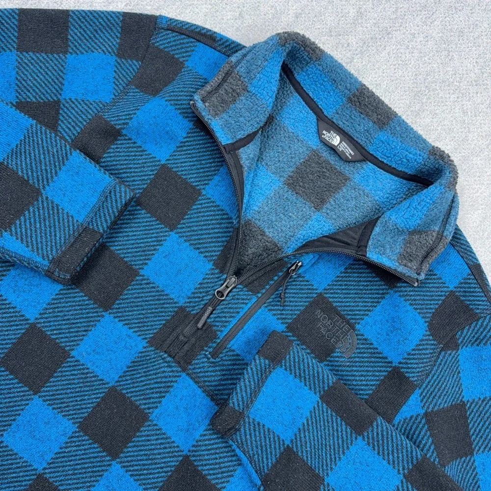 North Face Sweater Men Large Blue Buffalo Plaid Pullover 1/2 Zip Gordon Lyons